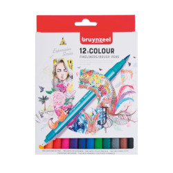 Marcador Doble Punta Fineliners/Brush Pen 12 Colores BRUYNZEEL BRUY...